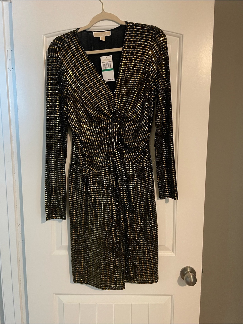 Michael Kors Black and Gold Sequin Twist-Front Long-Sleeve Dress